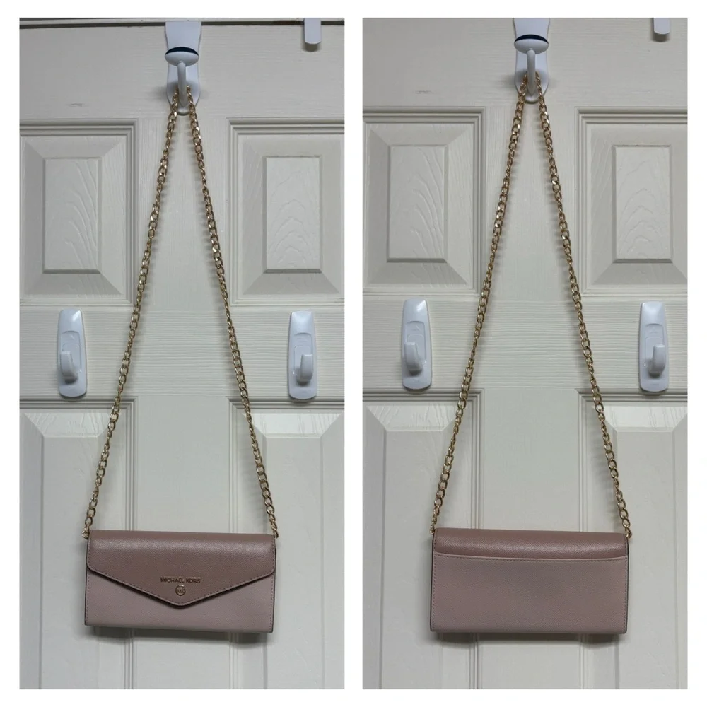 Michael Kors MK envelope clutch wallet on chain WOC cream blush gold cute EUC